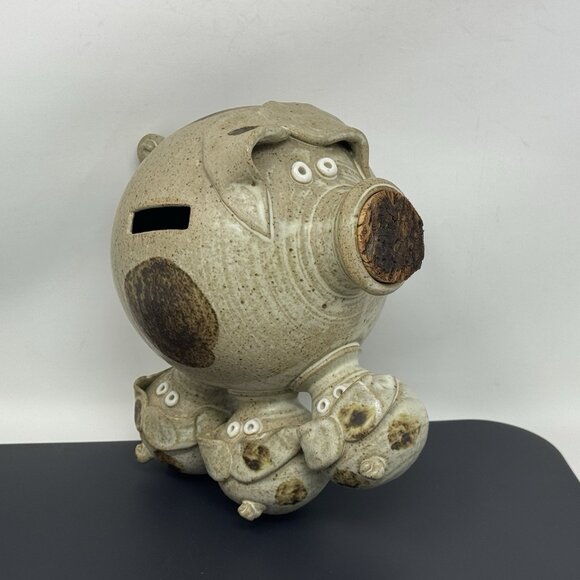 Vintage Attaway Pig Piggy Bank StonewareStudio Art With 3 Piglets